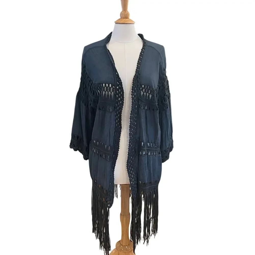 Do Everything In Love Navy Crochet Kimono, Duster, Cover-Up, Boho, Fringe, OS